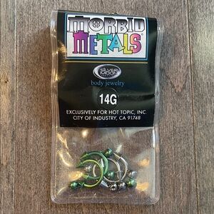 Morbid Metals, 14G Green and Silver Body Jewelry. Gages. Hot Topic.